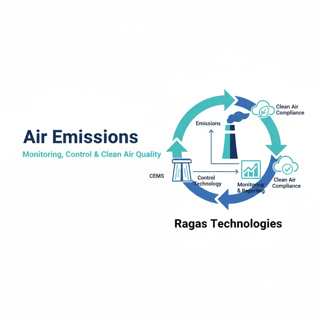 Air emissions monitoring graphic with pollution control and clean air elements