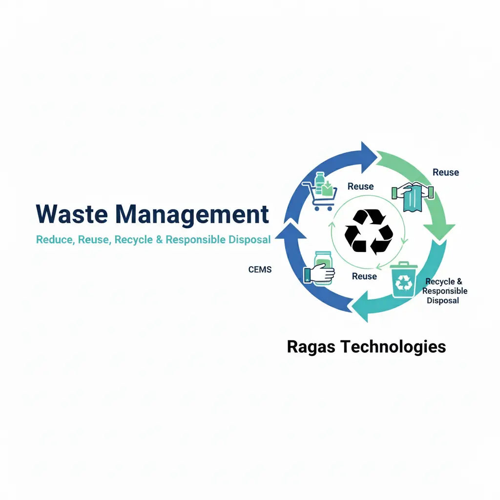 Waste management illustration with recycling icons and eco-friendly elements