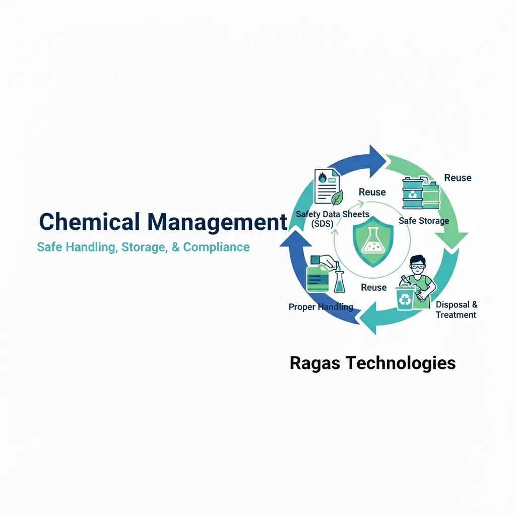 Chemical safety and management concept with hazard icons and eco-safe elements
