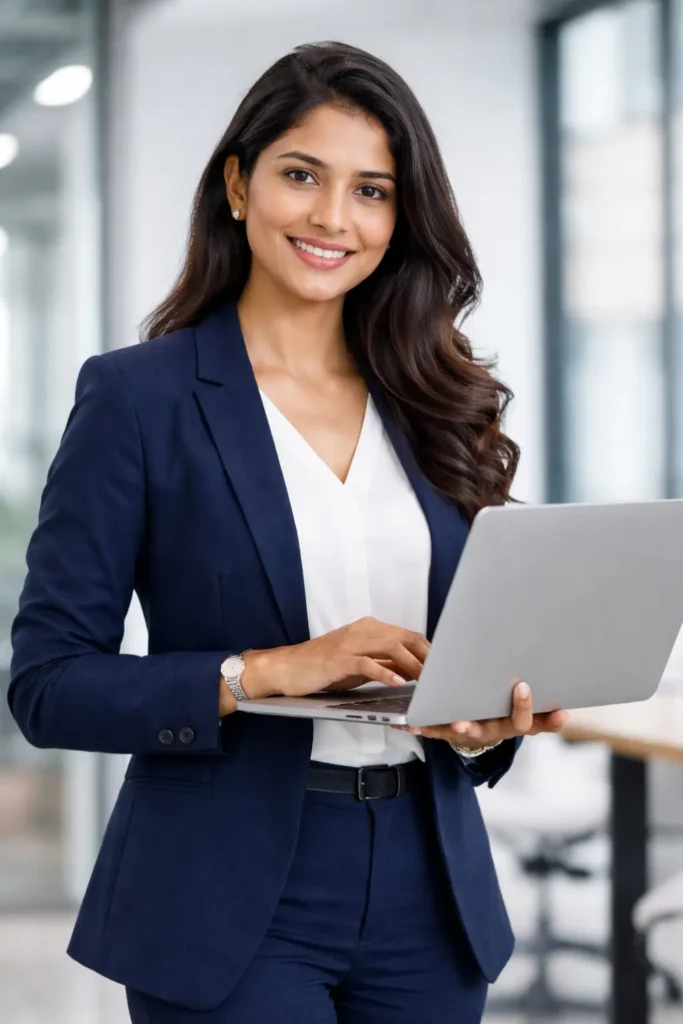 Professional Indian ISO lead auditor holding laptop in office environment
